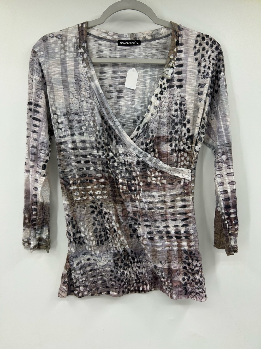 David Cline Women’s Earth Top Crushed Fabric Faux Wrap 3/4 Sleeves Size M